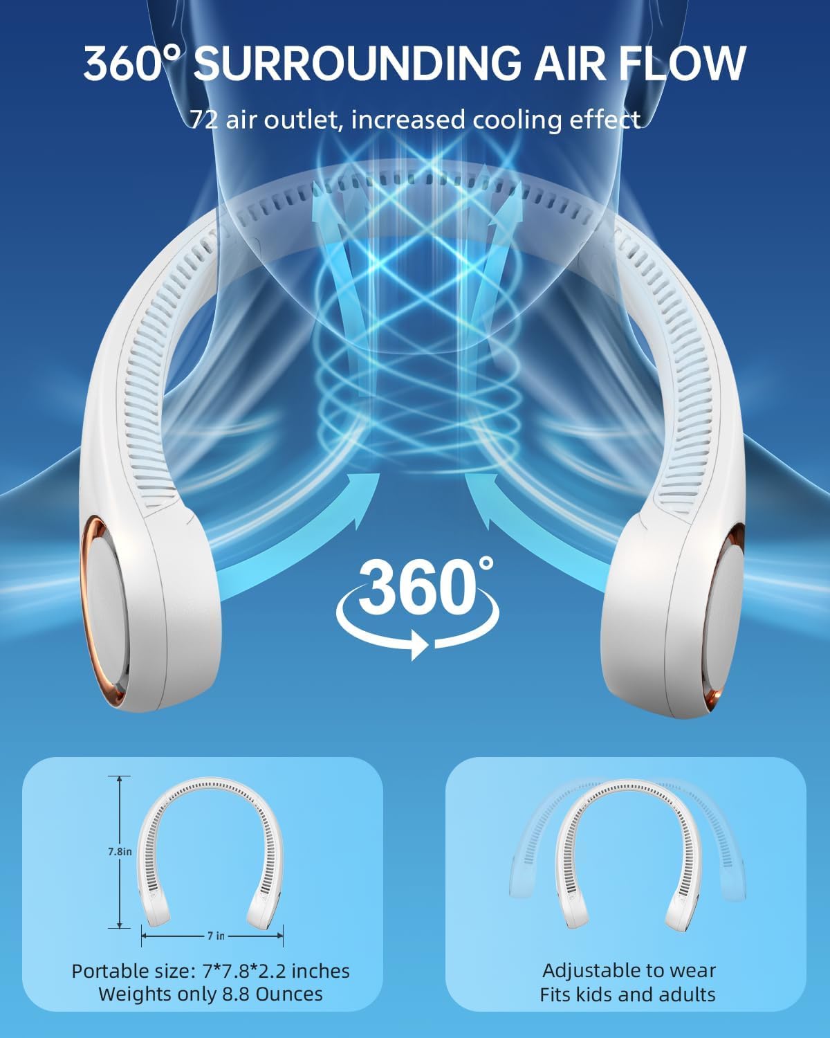 USB Charging Battery Operated Portable Rechargeable Personal Neck Fan | Bladeless Neck Cooling Fan with Strong Airflow, Wearable Cooling Fan